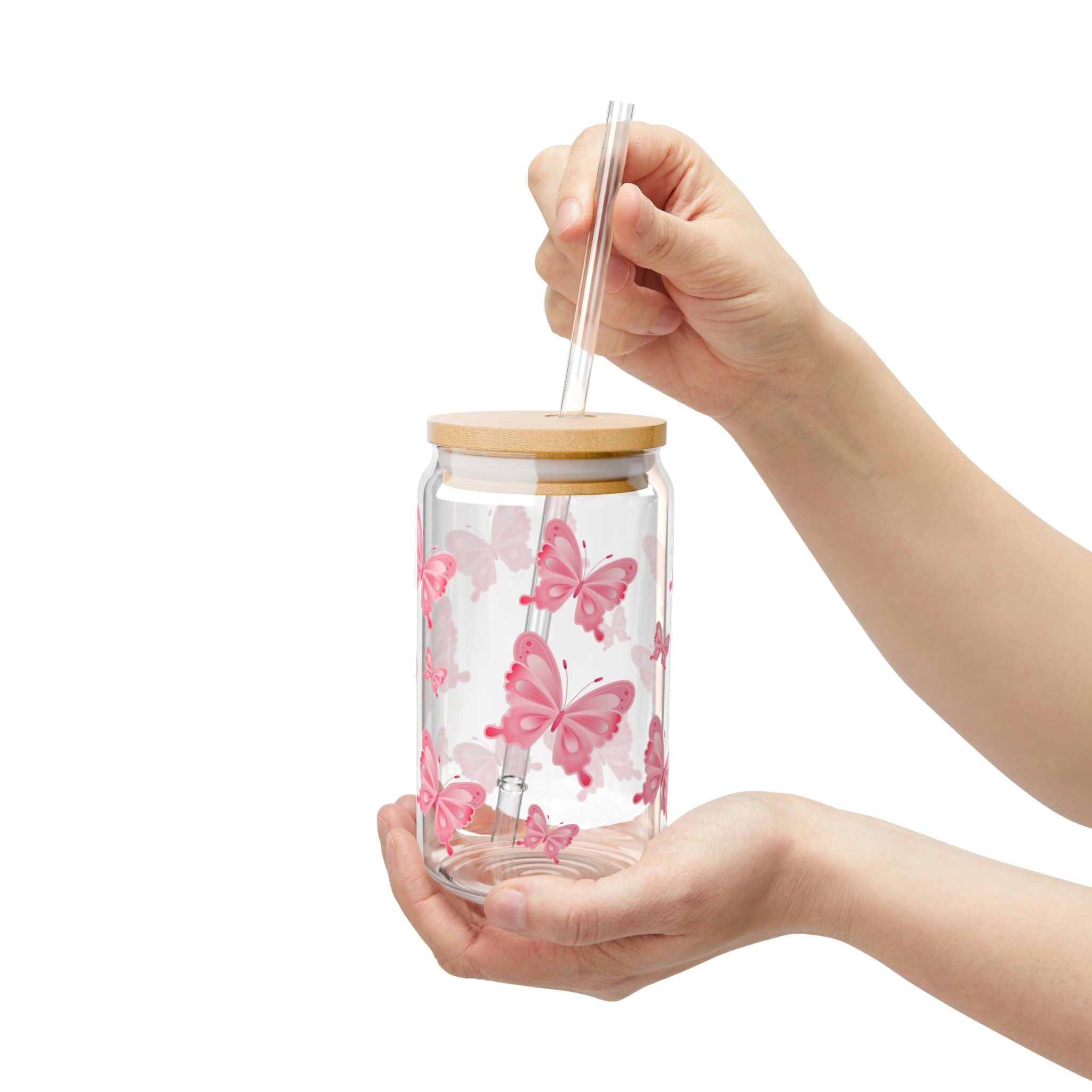 16oz Butterfly Sipper Glass — Pink Butterfly Travel Tumbler with Bamboo Lid & Straw