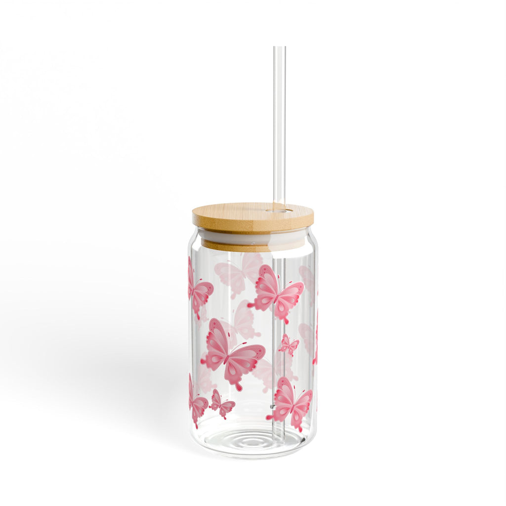 16oz Butterfly Sipper Glass — Pink Butterfly Travel Tumbler with Bamboo Lid & Straw