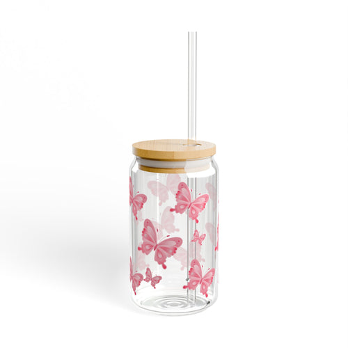 16oz Butterfly Sipper Glass — Pink Butterfly Travel Tumbler with Bamboo Lid & Straw