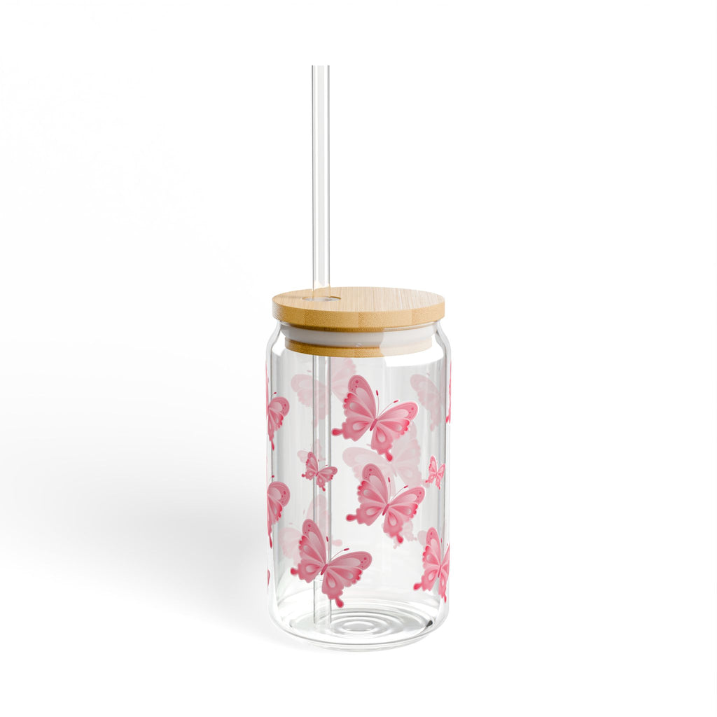 16oz Butterfly Sipper Glass — Pink Butterfly Travel Tumbler with Bamboo Lid & Straw