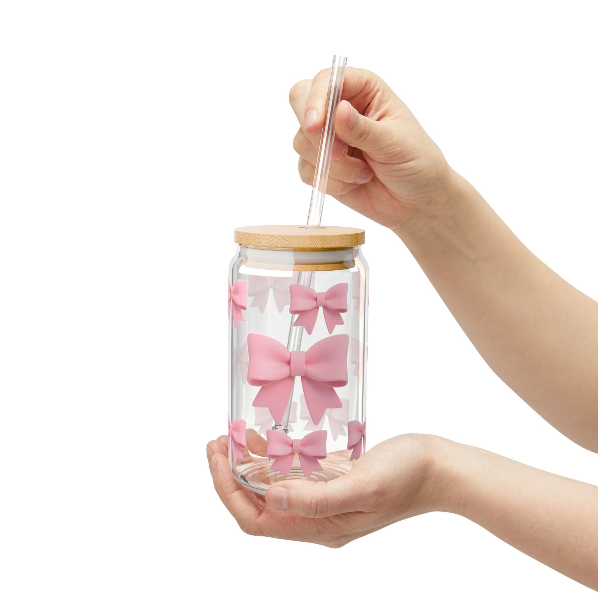 16oz Glass Sipper with Pink Bow Design — Cute Reusable Straw Tumbler