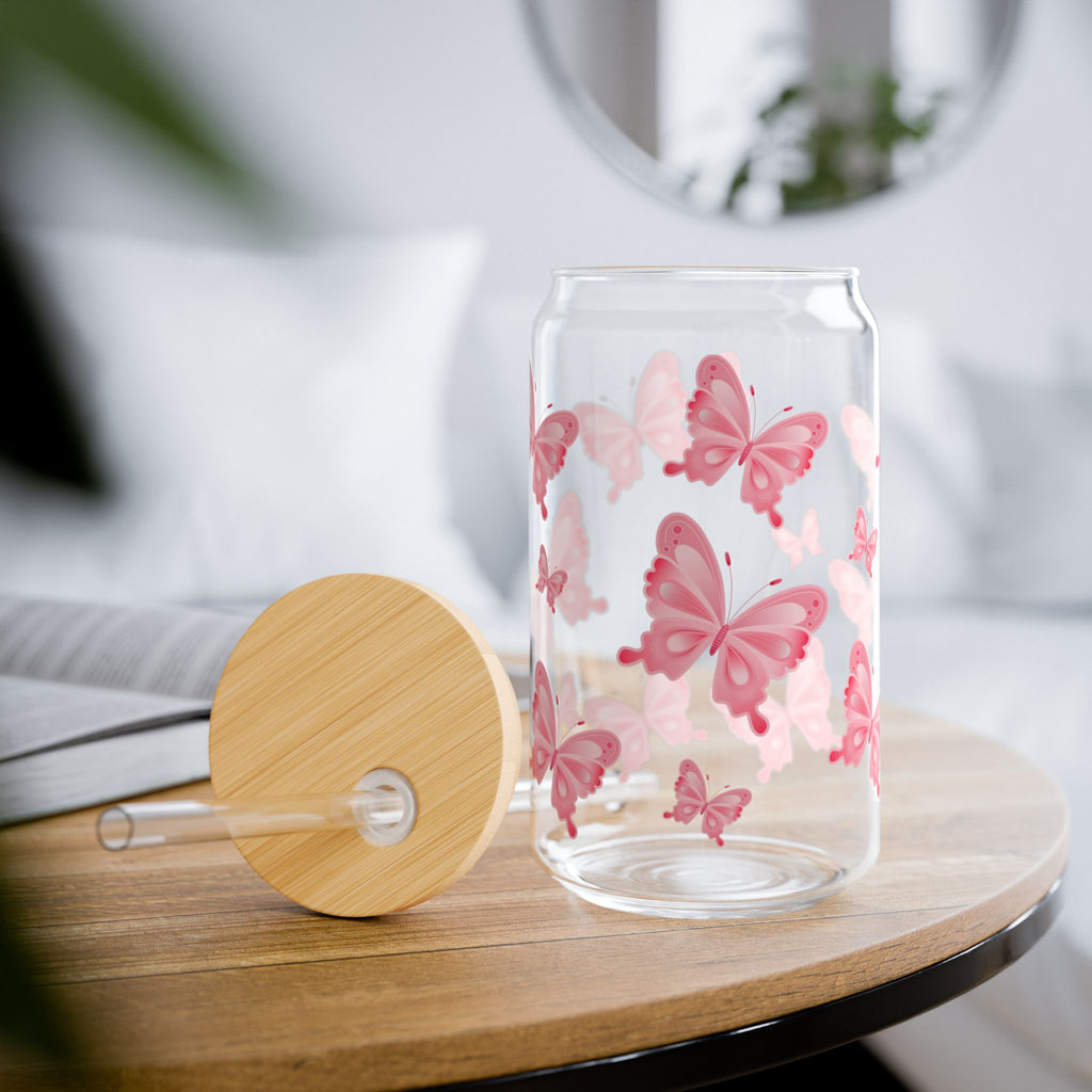 16oz Butterfly Sipper Glass — Pink Butterfly Travel Tumbler with Bamboo Lid & Straw