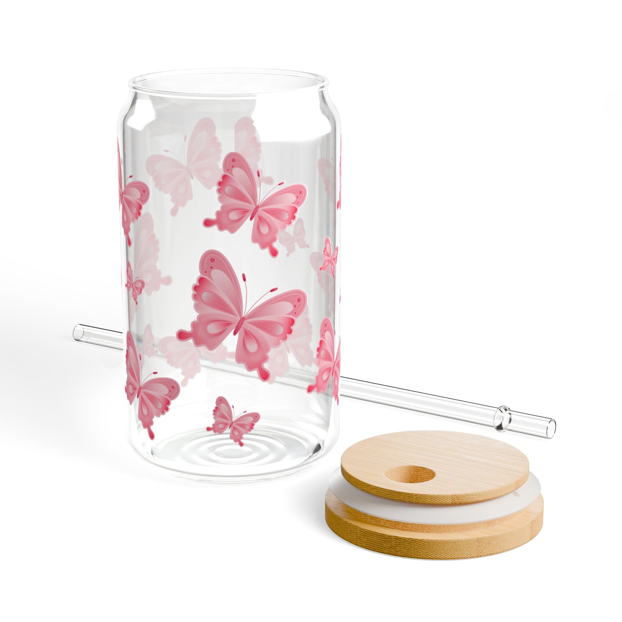 16oz Butterfly Sipper Glass — Pink Butterfly Travel Tumbler with Bamboo Lid & Straw