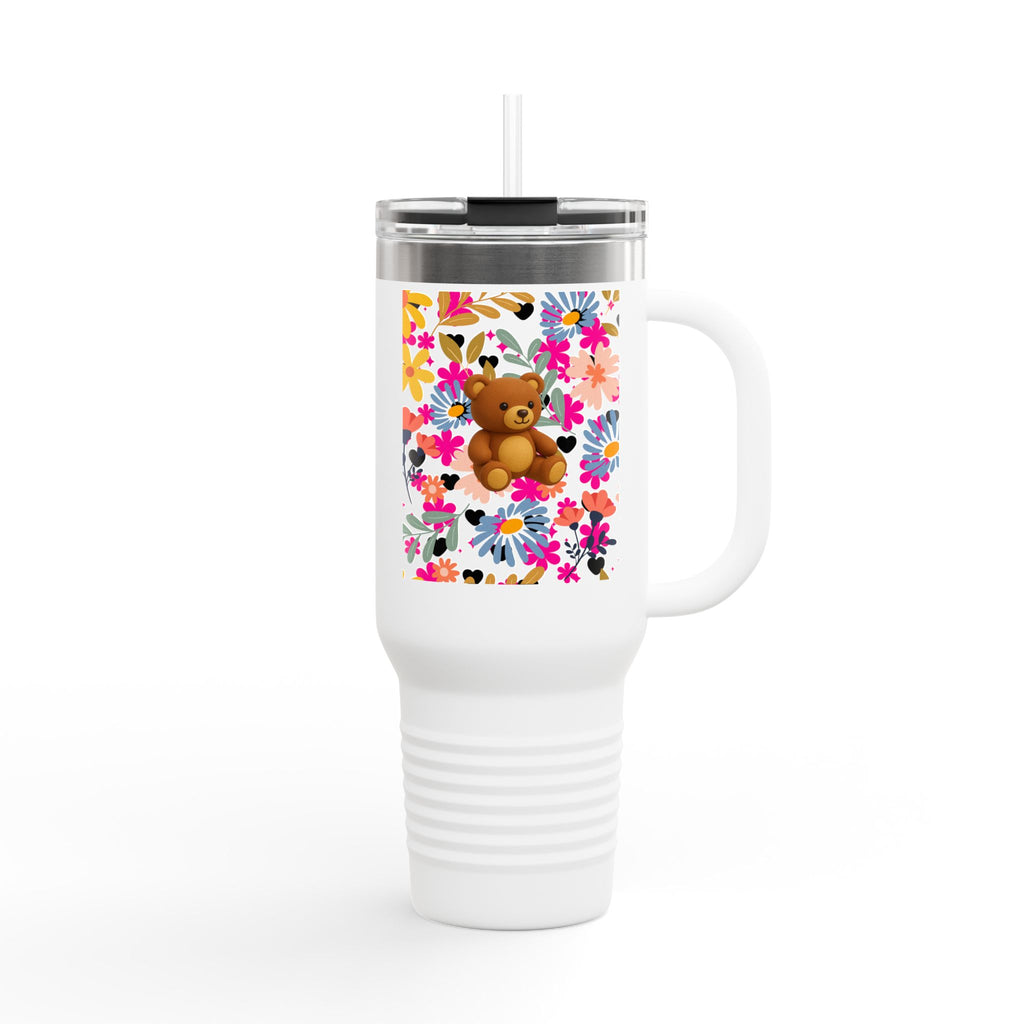 40oz Insulated Travel Mug — Floral Teddy Bear Design