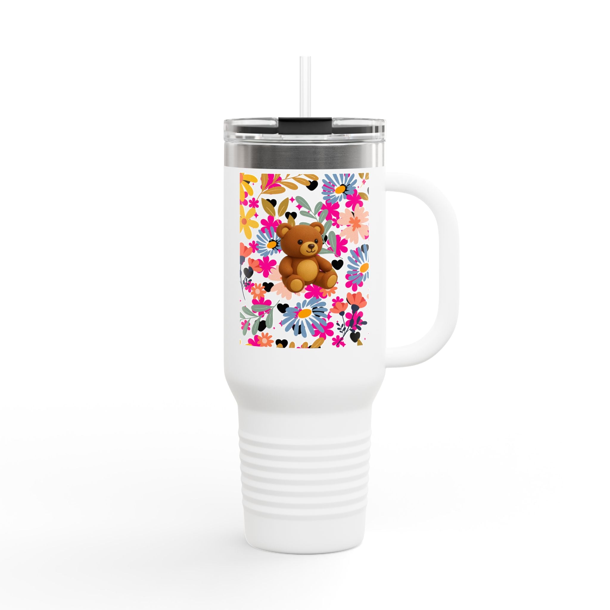 40oz Insulated Travel Mug — Floral Teddy Bear Design