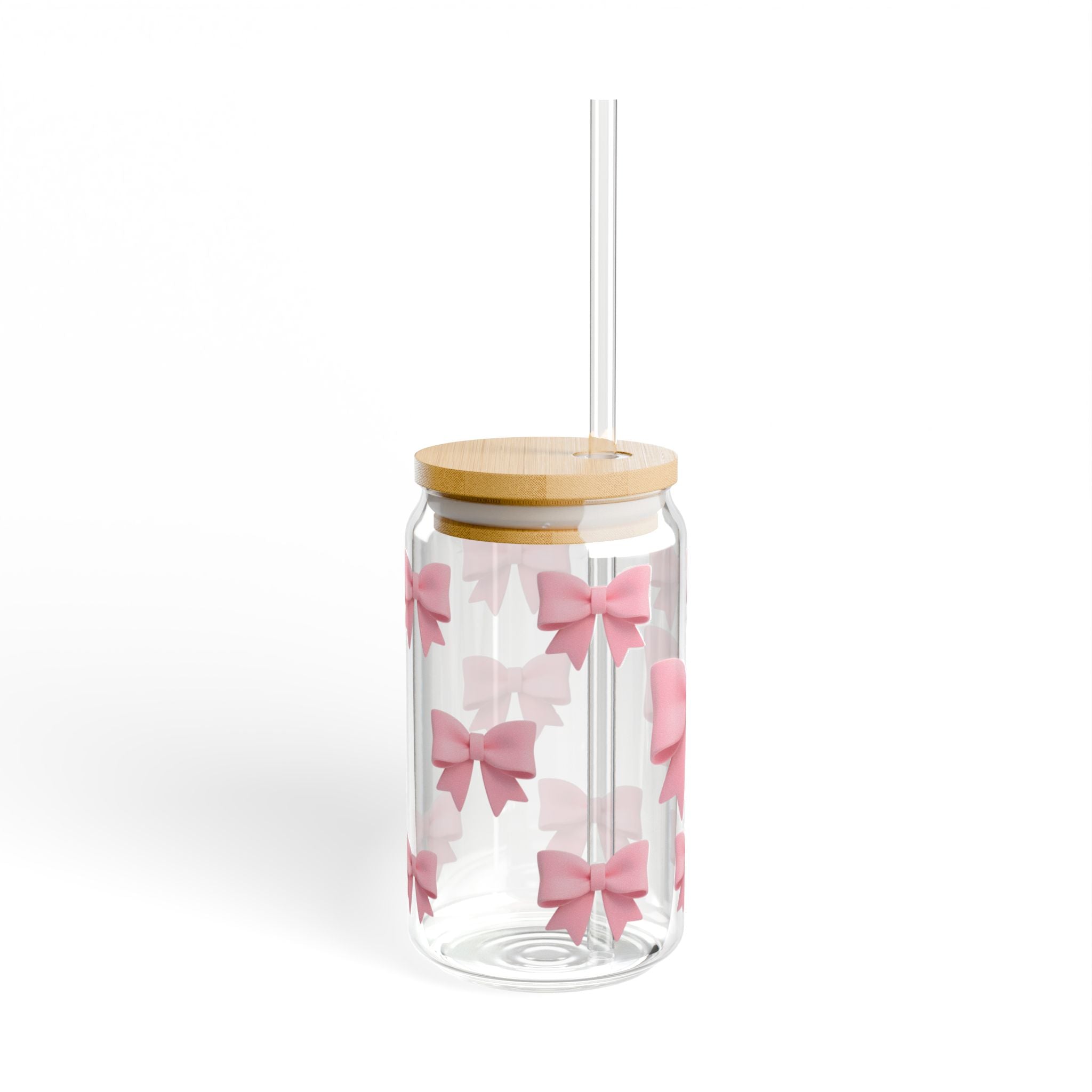 16oz Glass Sipper with Pink Bow Design — Cute Reusable Straw Tumbler