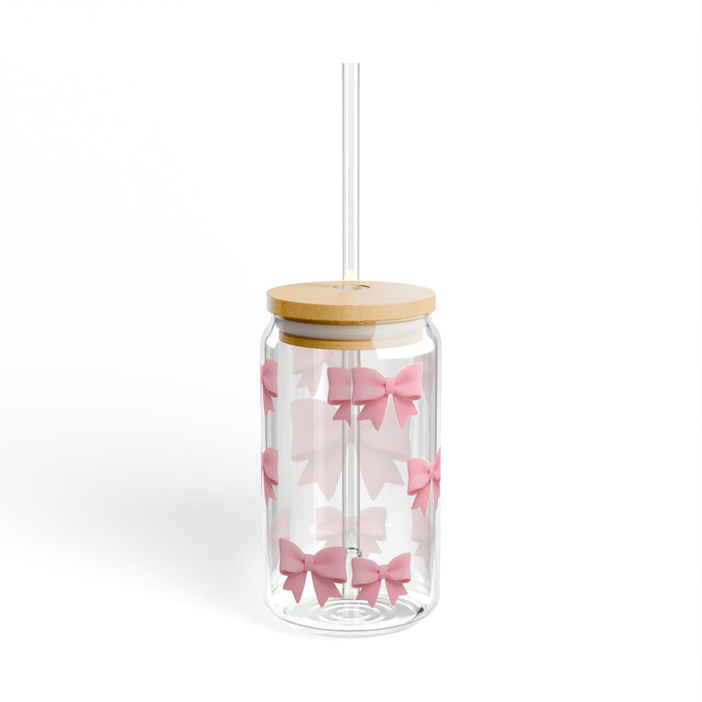16oz Glass Sipper with Pink Bow Design — Cute Reusable Straw Tumbler