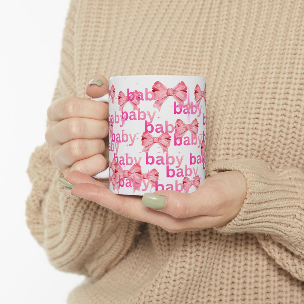 Baby Pink Bow Ceramic Mug — 'baby' Pattern, Newborn Gift