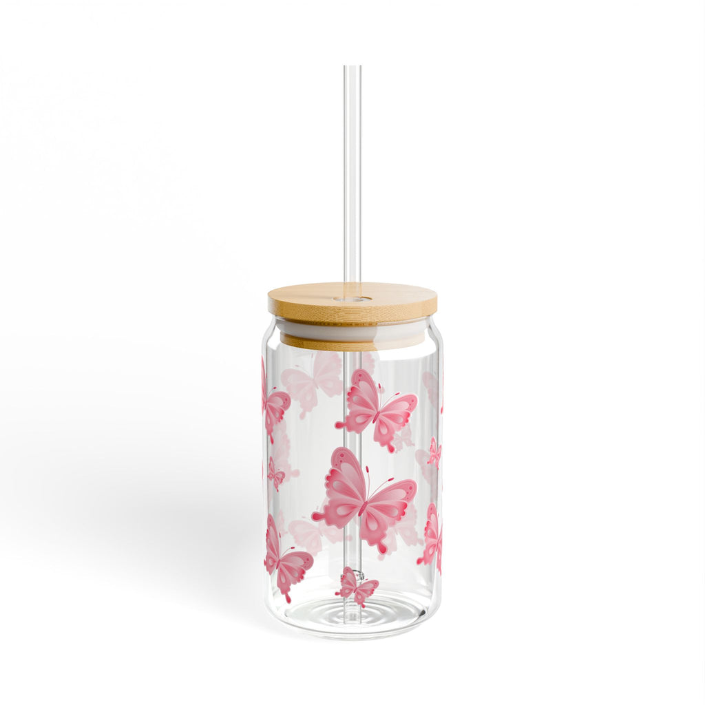 16oz Butterfly Sipper Glass — Pink Butterfly Travel Tumbler with Bamboo Lid & Straw