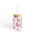 16oz Butterfly Sipper Glass — Pink Butterfly Travel Tumbler with Bamboo Lid & Straw