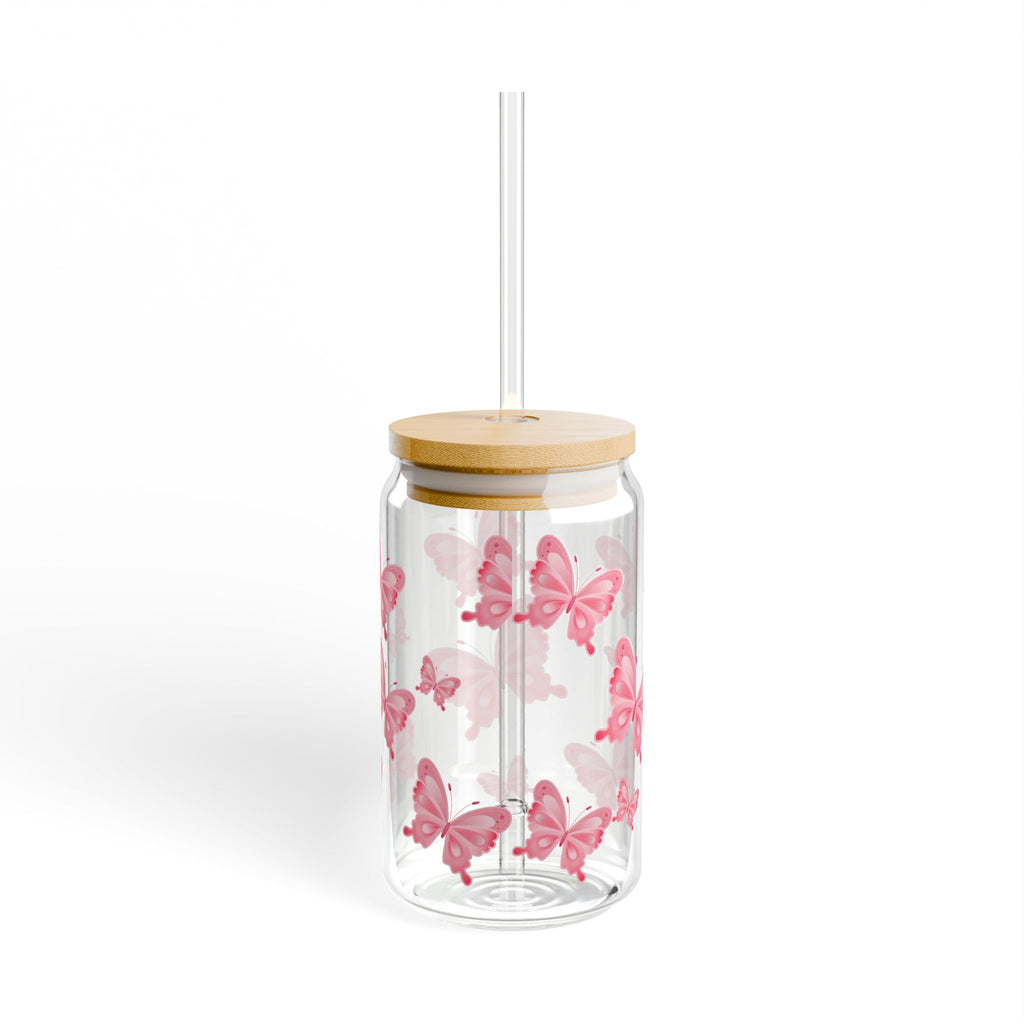 16oz Butterfly Sipper Glass — Pink Butterfly Travel Tumbler with Bamboo Lid & Straw